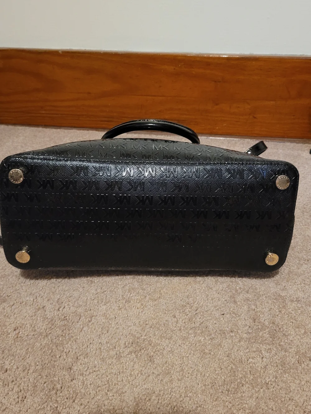Michael Kors Black Patent MK Monogram Satchel Shoulder Bag Gold Hardware